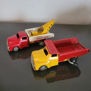 Vintage Japan Tin Toy Dump Truck & Wrecker 4" Friction KO? - Picture 1 of 7