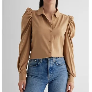 Express Portofino Shirt XL Tan Satin Puff Shoulder Long Sleeve Business Casual - Picture 1 of 11