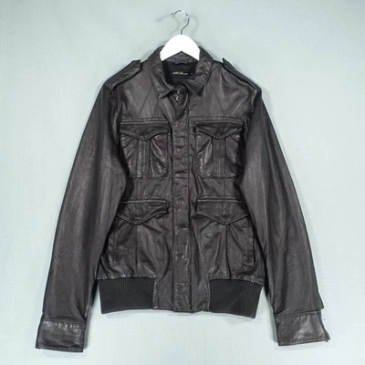 AllSaints Leather Jacket Mens Medium Black Stearn Biker Wool Motorcycle Bomber - Image 1 of 4