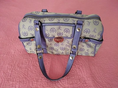 Cartera vintage para mujer Liz Claiborne con ribete de cuero púrpura beige geométrico 12 pulgadas  Foto 1 de 4