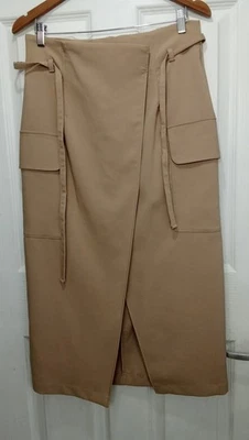 F&F The Edit Faux Wrap Long Skirt Beige Office Size UK 12 EU 40 Belted - Image 1 of 4