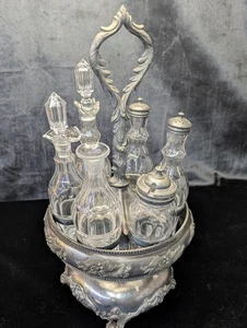 Plato de plata vintage 6 piezas condimento caddy corte botella de vidrio cruet victoriano - Imagen 1 de 15