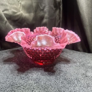 9" FENTON Hobnail Cranberry Opalescent Crimped Bowl - Picture 1 of 5
