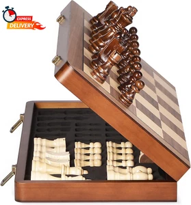 15" Holz Schachspiel mit Magnetfiguren - Extra Königinnen - Klappbares Schachbrett Po - Bild 1 von 9