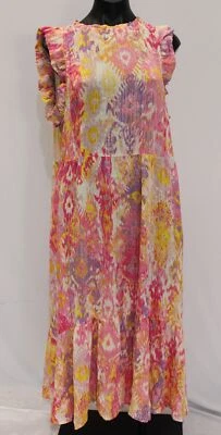 Denim & Co. Women's Canyon Retreat Ruffle Sleeve Midi Dress AC2 Pink Ikat Large  - Image 1 of 4