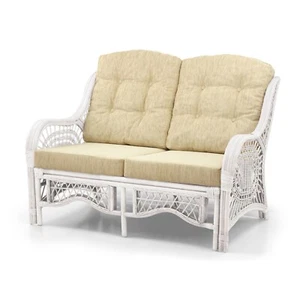 Malibu Design Natural Handmade Rattan Wicker Lounge Loveseat w/Cream Cushions - Picture 1 of 14