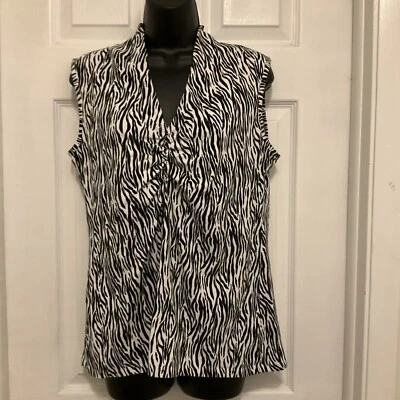 Josephine Chaus Cotton Ruched V Neck Sleeveless Zebra Print Blouse White Size M - Image 1 of 4