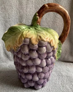 Ceramic Pitcher Hand Painted In Portugal Bunch of Grapes Vine Handle 9” T x 8” W - Picture 1 of 8