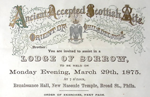 1875 Ancient Accepted Scottish Rite Lodge of Sorrow FUNERAL PROGRAM PHILADELPHIA