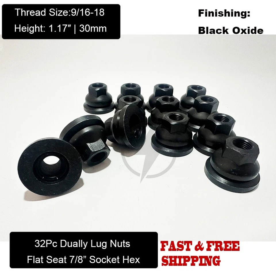 32Pc Dually Wheel Black Oxide Lug Nuts Flat Seat For Ford E350 E450 F Super Duty - Image 1 of 4