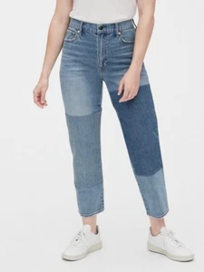 Pantalones de mezclilla GAP tiro alto descarados rectos con retazos 32 12 14 índigo mediano #519375 - Imagen 1 de 7