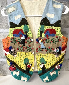 Handmade Peruvian Folk Art Vest Arpillera Embroidery Attached Figures - Picture 1 of 21