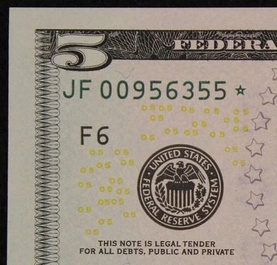 $5 2009 GEM CU Star Federal Reserve Note JF00956355* five dollar, F6 Atlanta - Image 1 of 3