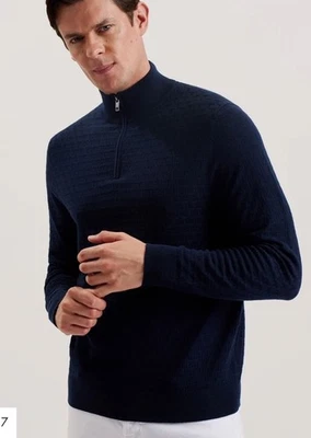 TED BAKER Jumper Mens UK S L & XL Kurnle Stitch Half Zip Long Sleeve Navy NEW - Image 1 of 4