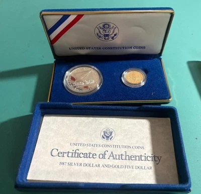 1987 U.S. Constitution 2 Coin Commemorative Proof Set $5 Gold and $1 Silver - Image 1 of 4