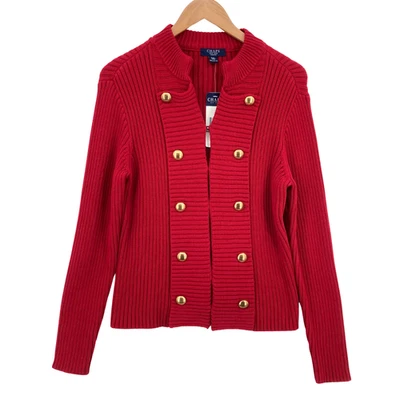 Cárdigan Chaps para mujer Petite XL rojo militar tejido con cable botón dorado algodón nuevo con etiquetas Foto 1 de 4