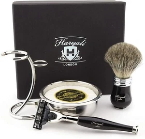 5Pc Men Shaving Kit 3 Edge Razor with Super Badger Hair Shaving Brush with Stand - Picture 1 of 6
