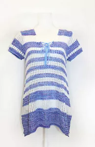 Jeanne Pierre Open Knit Short Sleeve Striped Tunic Sweater 100% Cotton Size M - Picture 1 of 4