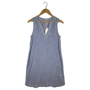New Beach Lunch Lounge Dress Womens S Tally Linen Sleeveless Striped V Neck Blue - Picture 1 of 15
