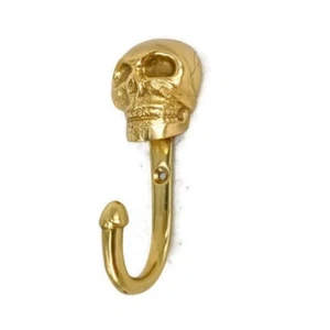 small aged SKULL HOOK solid BRASS old vintage style 3.1/2 " long head polished B - Picture 1 of 3