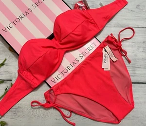 Victoria's Secret Swim Twist Front Strapless Coral Blaze Bandeau Tie Bikini Set - Picture 1 of 4