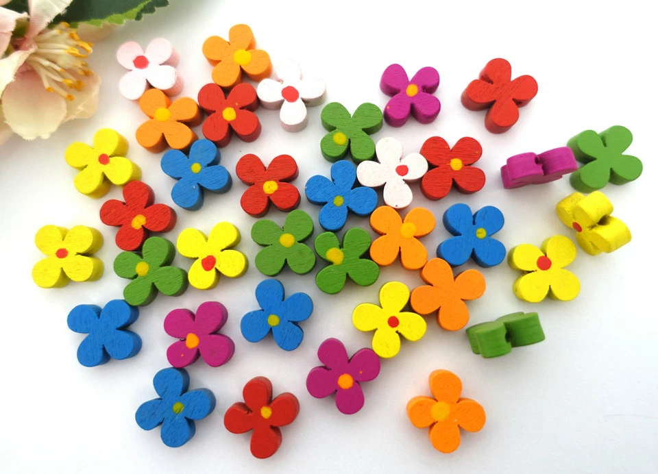 10x Ösenknopf Blumen 13 mm Knöpfe Kinder Baby Holz Blume bunt 2 Loch Blüten Öse - Bild 1 von 3