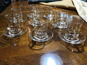 Set Lot Of 8 Demitasse Tea Expresso Cup Saucer Clear Glass Gold Handle Basket - Picture 1 of 12