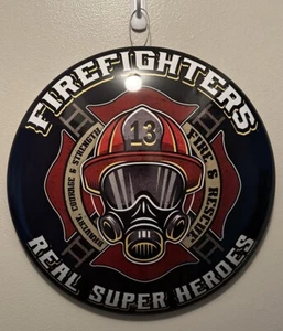 Firefighters Curved Circular Metal Sign Firefighters Real Super Heroes 15 in New - Picture 1 of 7