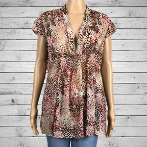 New York & Co Sheer Polka Dot Confetti Print Blouse Shirt LARGE Pink Tan Beige - Bild 1 von 8