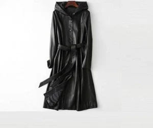 Damen Mantel Lederjacke schwarz mit Kapuze 100% echtes Lammleder reine Handarbeit - Bild 1 von 6