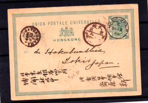 Hong Kong China 1888 1c Victoria Postal Card Sent to Japan (Tear At Bottom)