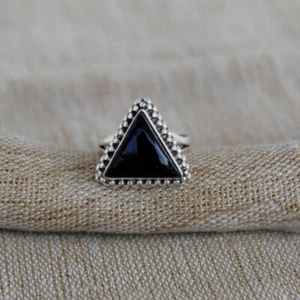 925 Sterling Silver Handmade Natural Black Onyx Women Tringle Ring All Size - Picture 1 of 7