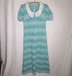 Vintage 70s Long Dress Pinafore Knit Teal Green M Poly Hostess Maxi Tie Back - Picture 1 of 9