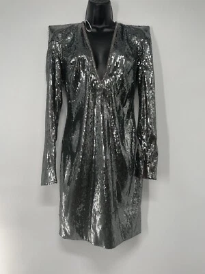 Mini Vestido ceñido al cuerpo Via Positano Lentejuelas Brillantes Plateado Manga Larga Cuello en V Profundo Foto 1 de 4