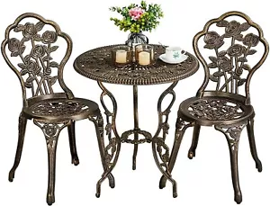 3-Piece Outdoor Bistro Set w/Rose Design, Rust-Resistant Cast Aluminum Table - Picture 1 of 6