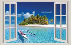 WALL STICKERS ADESIVI MURALI Spiaggia Polinesia Polynesia Trompe L'oeil finestra - Foto 1 di 1