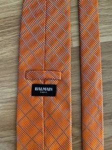 Balmain Paris Orange Silk Tie, Luxury Geometric Plaid Pattern, 100% Silk Stylish - Picture 1 of 7