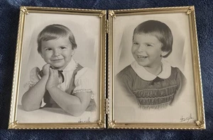 Vintage Gold Metal Double Photo Frame Hinged 5X7 MCM Retro Decor W/ Olan Mills - Picture 1 of 10