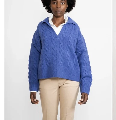 Polo Ralph Lauren Women’s Blue V~Neck Chunky Cable Knit Wool Cashmere Sweater L - Image 1 of 4