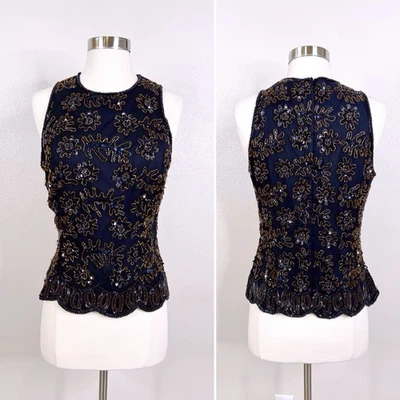Top de seda negro con cuentas de lentejuelas vintage años 90 grande sin mangas caprichoso glamour hada Foto 1 de 4