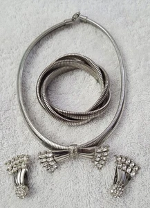 Vintage Silber & Strass Glas Halsreif Halskette Armband Clip On Ohrringe - Bild 1 von 6