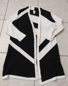 Chicos  Size 2 Black White Open Front Abstract Print Knit Duster Cardigan - Picture 1 of 5