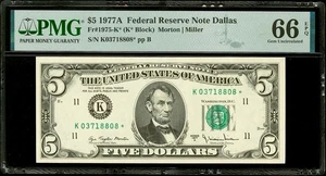 1977 A $5 Dollar Star Note PMG 66 EPQ Gem Unc, Serial # K03718808* FRN Dallas - Picture 1 of 2