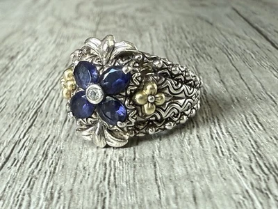 Barbara Bixby Sterling Silver 18K Gold Iolite Flower Garden Zen Ring Band Size 7 - Image 1 of 4