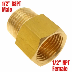 BSP-NPT Adapter 1/2" Male BSPT to 1/2" Female NPT Brass Pipe Fitting Euro to US - Imagen 1 de 5