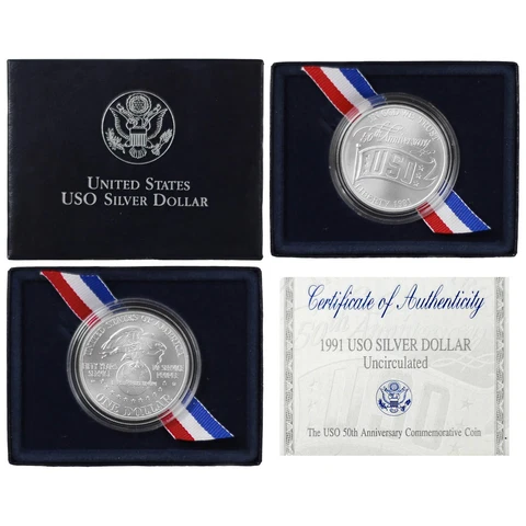 1991 D USO 50th Anniversary BU Commem 90% Silver Dollar in Box COA Cover