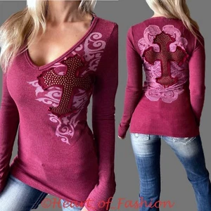 **VOCAL Women's Embellished Cross Waffle Knit Long Sleeve Thermal Biker Top - Picture 1 of 12