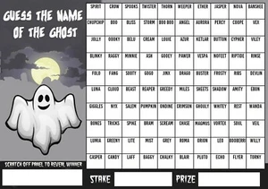 GUESS THE NAME OF GHOST SCRATCHCARD Halloween Party 100 Players Charity Game - Picture 1 of 1