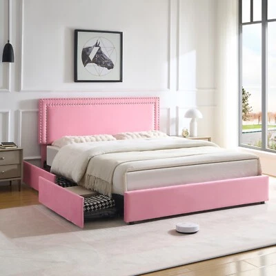 Marco de Cama con 4 Cajones de Almacenamiento Cabecero Terciopelo Plataforma Madera Tamaño Queen Completo Foto 1 de 4