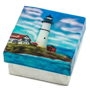 Handbemalt Luft gebürstet Leuchtturm Capiz Austernmuschel Schmuck Schmuckschatulle 3 x 3 - Bild 1 von 3